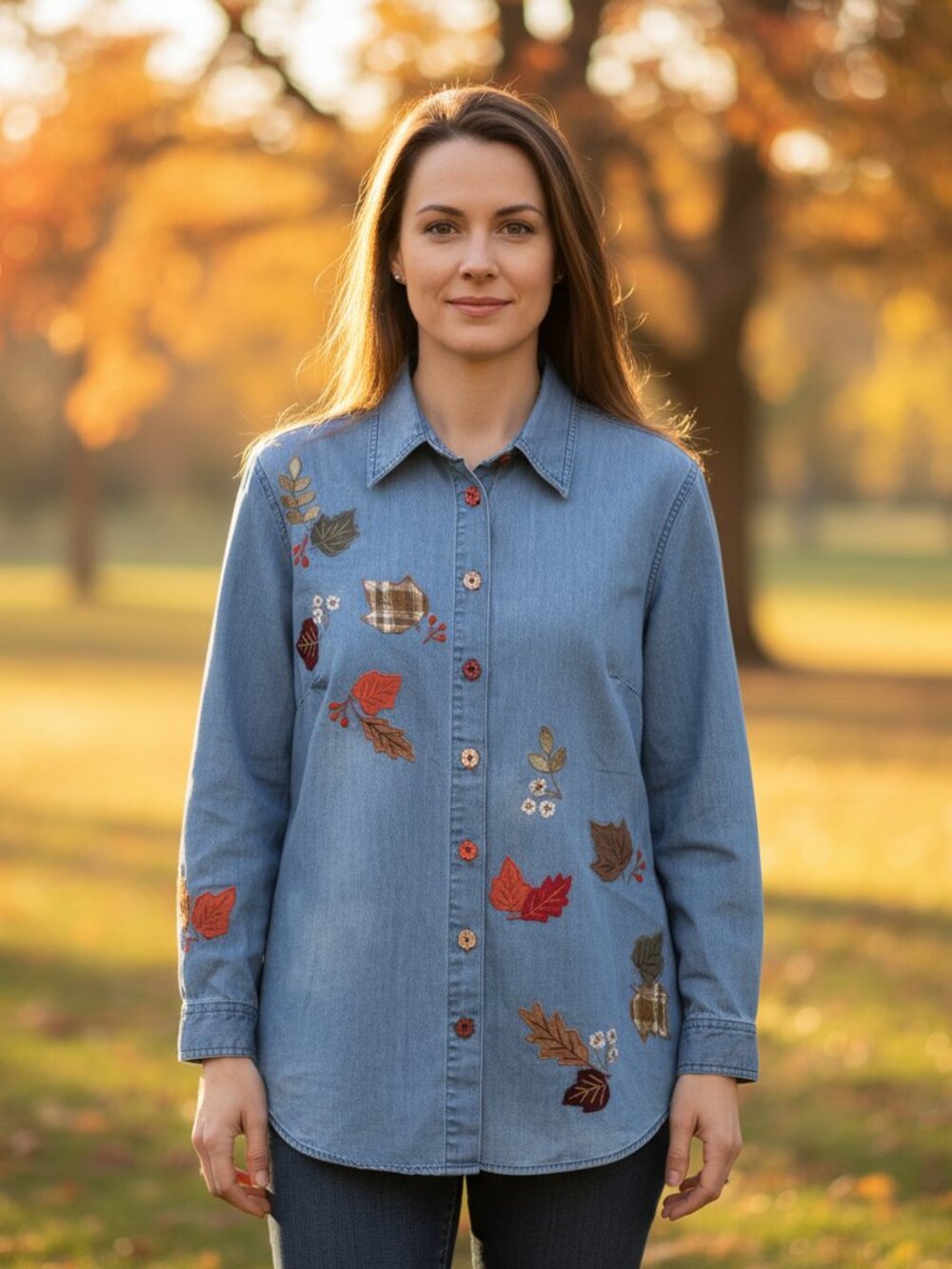 Fashion Bug 14 16W Women's Jean‎ Denim Shirt Top Blue Embroidered Fall Leaves